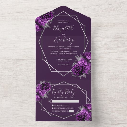 プラム銀フローラ幾何梅結婚の オールインワン招待状 (内側)