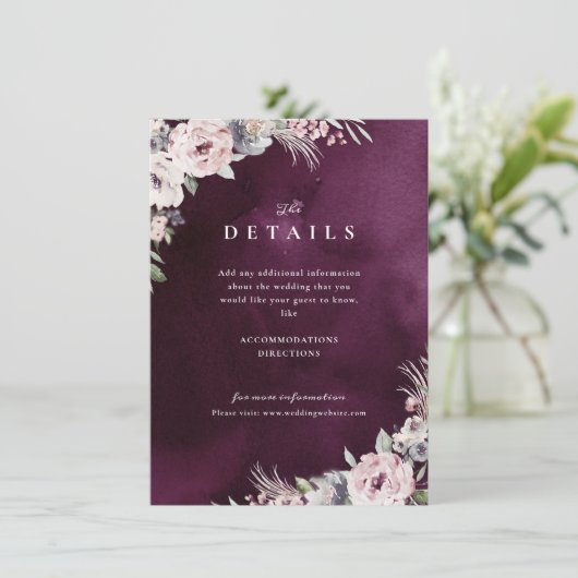 プラム&ほこりっぽいピンクのフローラボホ結婚の詳細 エンクロージャーカード (スタンド正面)