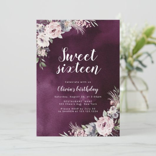 プラム&ほこりっぽいピンクボホフローラ甘い16誕生日 招待状 (スタンド正面)