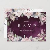 プラム&ほこりっぽいピンクボホフローラ素朴な結婚式RSVP インビテーションポストカード (正面/裏面)