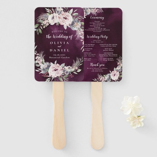 プラム&ほこりっぽいピンクボホフローラ結婚式プログラム ハンドファン (正面&裏面)