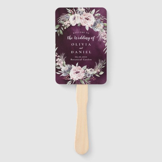プラム&ほこりっぽいピンクボホフローラ結婚式プログラム ハンドファン (正面)