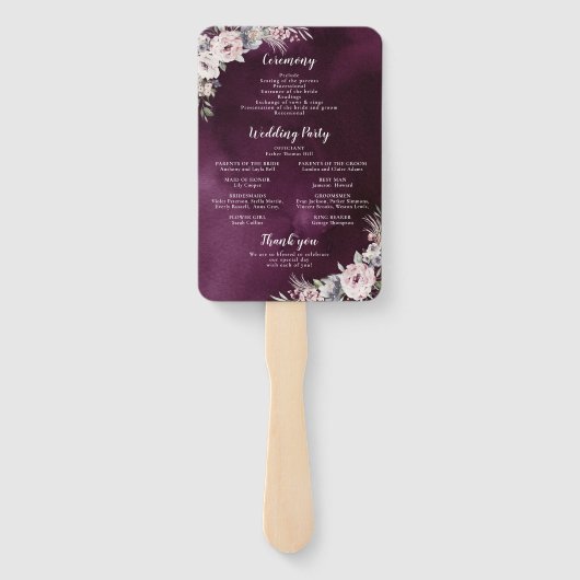 プラム&ほこりっぽいピンクボホフローラ結婚式プログラム ハンドファン (裏面)