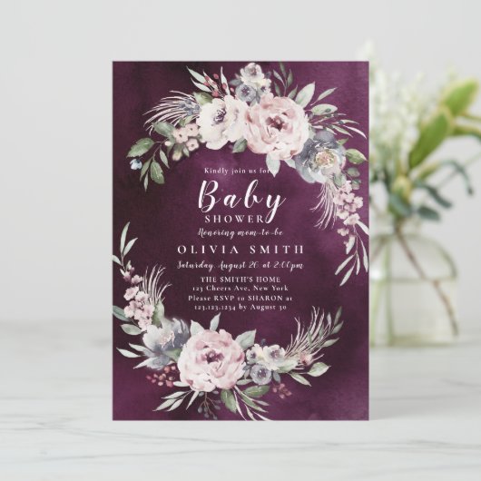 プラム&ほこりっぽいピンクボホフローラ赤ちゃんシャワー 招待状 (スタンド正面)