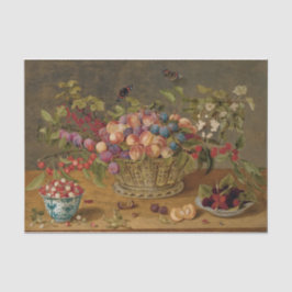 プラム、アプリコット、さくらんぼ、カゴの中のスグリ 薄葉紙