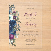 プラム ウォーターカラー フラワーナビーブルー ウェディング アクリル招待状 (正面)