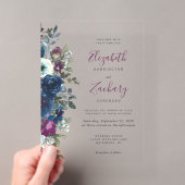 プラム+ウォーターカラー+フラワー+ネイビーブルーの結婚式 アクリル招待状 (インサイチュ (ポータブル))