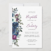 プラム+ウォーターカラー+フラワー+ネイビーブルーの結婚式 招待状 (正面)