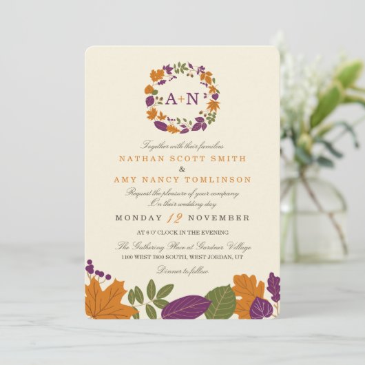 プラム&カボチャ秋リース結婚式招待状 招待状 (スタンド正面)