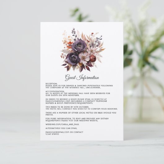 プラム、グレー、銅と埃っぽいバラ結婚フローラ エンクロージャーカード (スタンド正面)