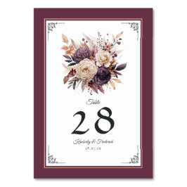 プラム、グレー、銅と埃っぽいバラ結婚フローラ テーブルナンバー