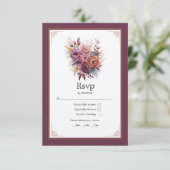 プラム、グレー、銅と埃っぽいバラ結婚フローラ 出欠カード (スタンド正面)