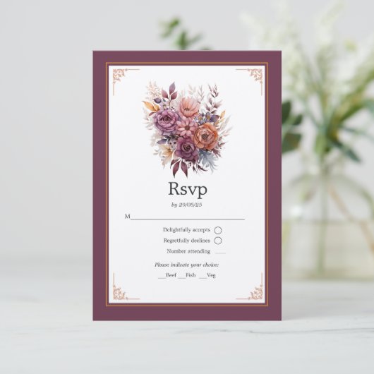 プラム、グレー、銅と埃っぽいバラ結婚フローラ 出欠カード (スタンド正面)
