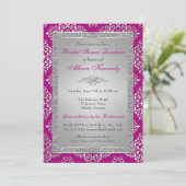 プラム、シルバーグリッター ダマスク ブライダルシャワー 招待状 (スタンド正面)