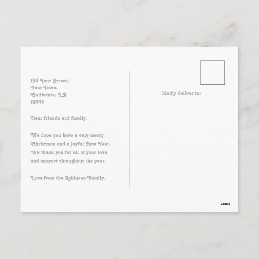 プラム&シルバー コージーアーチフォト メリークリスマス シーズンポストカード (裏面)