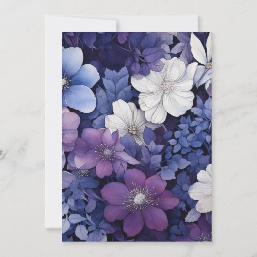 プラム、ネイビーブルーとシルバーのフローラ冬の結婚式 招待状 (裏面)