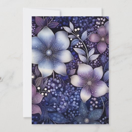 プラム、ネイビーブルー、シルバーの花柄の結婚式 招待状 (裏面)