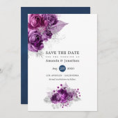 プラム&ネイビー熱帯グリッター結婚フローラ セーブザデート (正面/裏面)