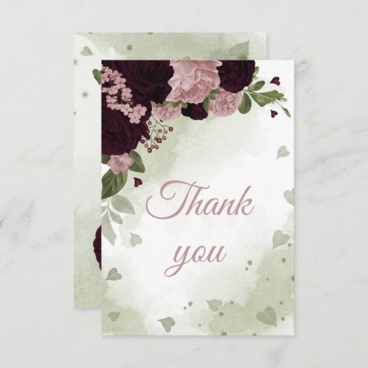 プラム＆ピンクの花 緑の植物 サンキューカード (正面/裏面)