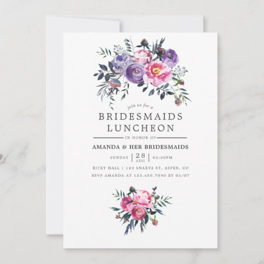 プラム&ピンクウォーターカラーフローラブリデスメイドランチョン 招待状 (正面)