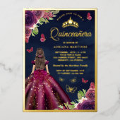 プラム フローラル バタフライ ネイビーブルー キンセアニエラ ゴールド 箔招待状 (正面)