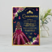 プラム フローラル バタフライ ネイビーブルー キンセアニエラ ゴールド 箔招待状 (立ち正面)