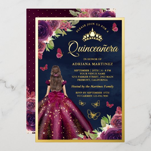 プラム フローラル バタフライ ネイビーブルー キンセアニエラ ゴールド 箔招待状 (正面/裏面)