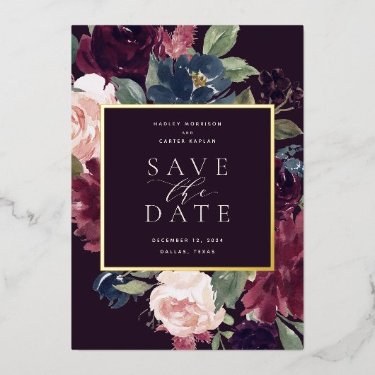 プラム・ブロッサム・フォイルSave the Date Card 箔招待状 (正面)