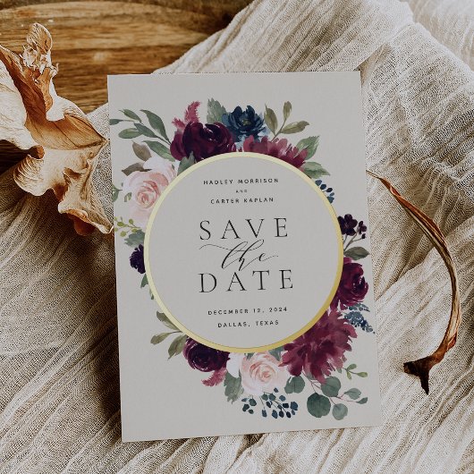 プラム・ブロッサム・フォイルSave the Date Card 箔招待状