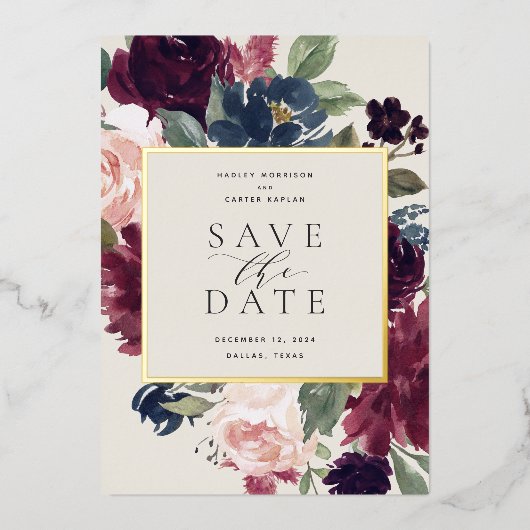 プラム・ブロッサム・フォイルSave the Date Card 箔招待状 (正面)
