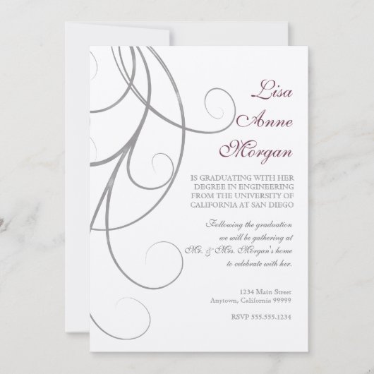 プラム·ン·シルバー·リーフ·スワール·ダマスク2卒業 招待状 (正面)