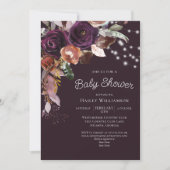 プラム、紫、金ゴールドフローラストリング軽い赤ちゃんシャワー 招待状 (正面)