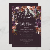 プラム、紫、金ゴールドフローラストリング軽い赤ちゃんシャワー 招待状 (正面/裏面)