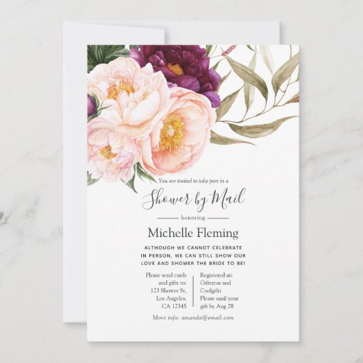 プラム&赤面フローラベビー又はブライダルシャワーバイメール 招待状 (正面)