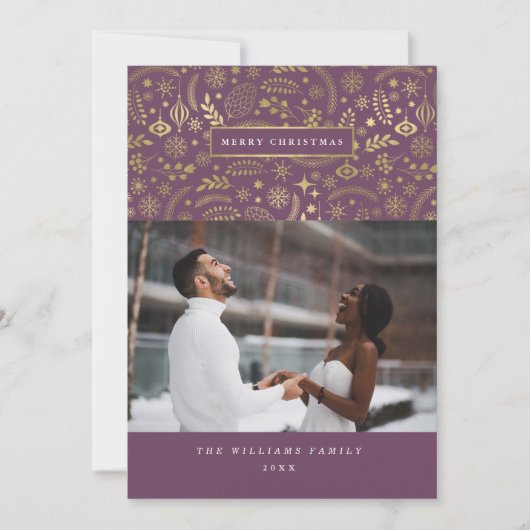 プラム+金ゴールドフェスティバルウィンターフォトクリスマスカード シーズンカード (正面)