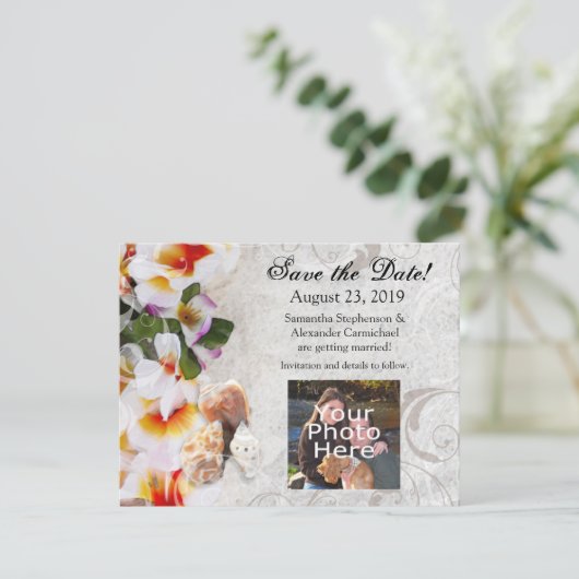 プラメリア オーキッドのレイを身に着けた砂浜の写真 Save the Date(結婚式の日を記念して セーブザデート (スタンド正面)