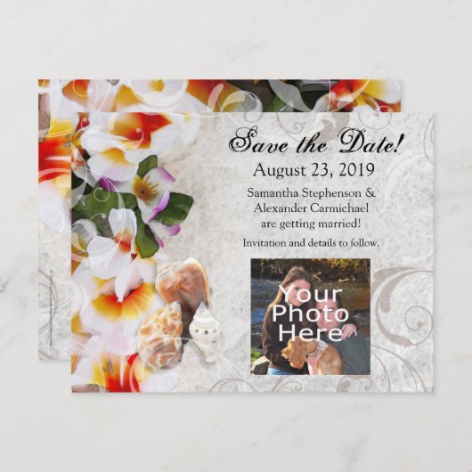 プラメリア オーキッドのレイを身に着けた砂浜の写真 Save the Date(結婚式の日を記念して セーブザデート (正面/裏面)
