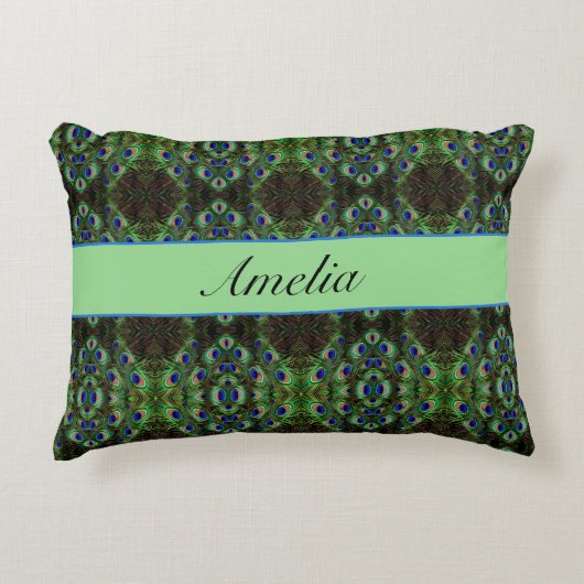 プラメ王室のージ – Luxe Peacock Feather Pattern アクセントクッション (正面)