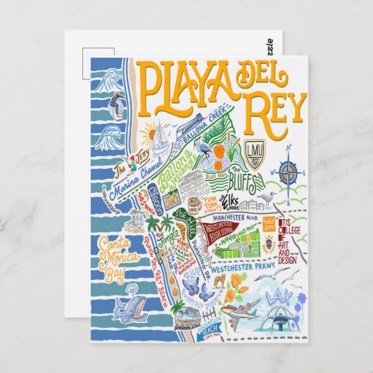 プラヤデルレイの図解入りの、写真付きの地図 ポストカード (正面/裏面)