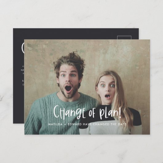 プランのおもしろいモダンの結婚写真の変更 案内ポストカード (正面/裏面)