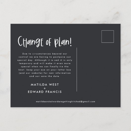 プランのおもしろいモダンの結婚写真の変更 案内ポストカード (裏面)