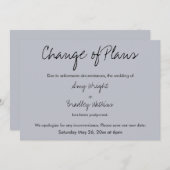 「プランの変更」が延期結婚されたブルーカード 招待状 (正面/裏面)