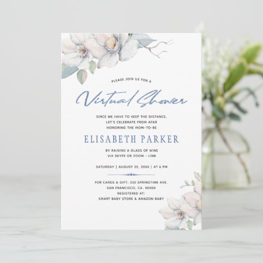 プランを変更する青いフローラ仮想ベビーシャワー 招待状 (スタンド正面)