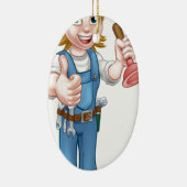 プランジャーを握っているメスの漫画の鉛管工 セラミックオーナメント (右)