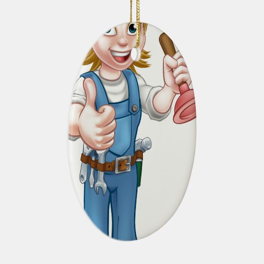 プランジャーを握っているメスの漫画の鉛管工 セラミックオーナメント (右)