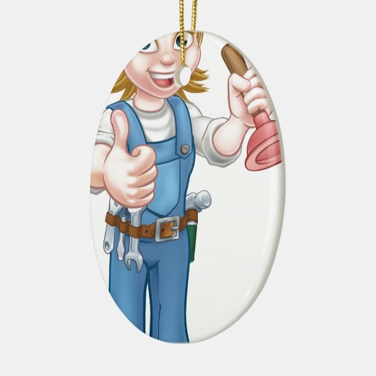 プランジャーを握っているメスの漫画の鉛管工 セラミックオーナメント (左)