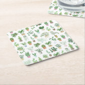 プランティタハウス植物とポットパターン スクエアペーパーコースター (アングル)