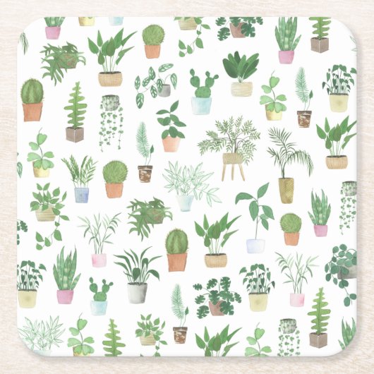 プランティタハウス植物とポットパターン スクエアペーパーコースター (正面)