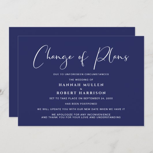 プラン変更延期 ネイビーブルーの結婚式 案内状 (正面/裏面)