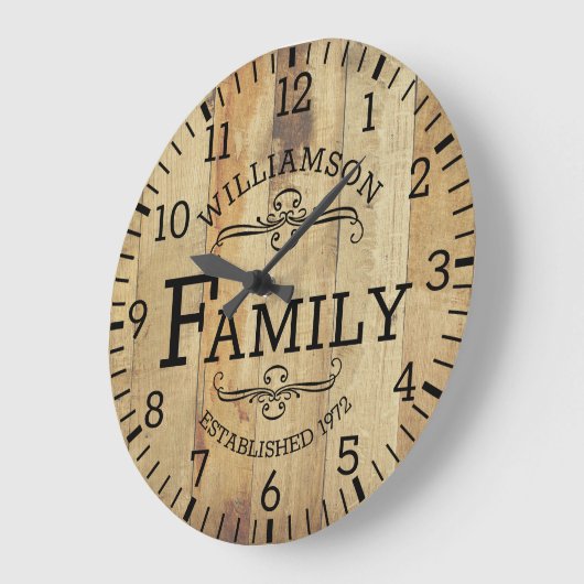 プラン素朴クウッド記念日ファミリー名カスタム ラージ壁時計 (傾斜)